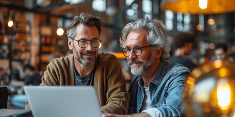 Two businessmen working together on a laptop, demonstrating intergenerational cooperation and business success.