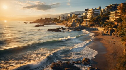 Sunrise over a coastal city, golden light bathing the buildings and sea, peaceful beginning of a day in an urban setting, Photorealistic, coastal city