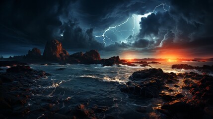 Fototapeta premium Lightning storm over a rugged coastline, dramatic bolts striking the sea, dark clouds, showcasing the intensity and majesty of thunderstorms, Photorea