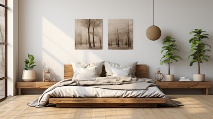 Minimalist bedroom with a low bed, monochromatic bedding, and minimal decor, conveying the peaceful and uncluttered ambiance, Photorealistic, minimali