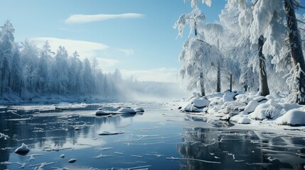 Serene woodland scene in winter, snow-covered trees, a frozen lake in the foreground, quiet and peaceful atmosphere, Photography, shot in high-definit
