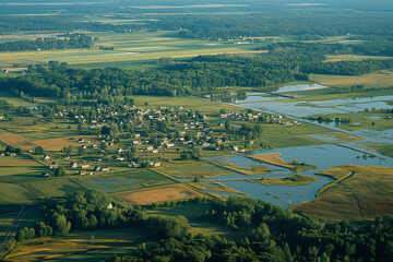 Aerial View of Lush Countryside Landscape with Quaint Town and Waterways - A Tapestry of Natural and Human Harmony