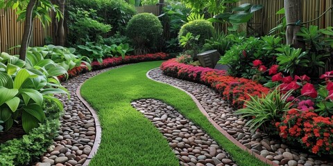 A winding path through lush greenery leads to a tranquil garden adorned with colorful flowers.