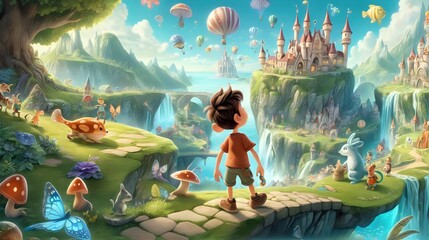 An animated boy exploring a fantasy land filled with whimsical creatures and enchantment. - obrazy, fototapety, plakaty