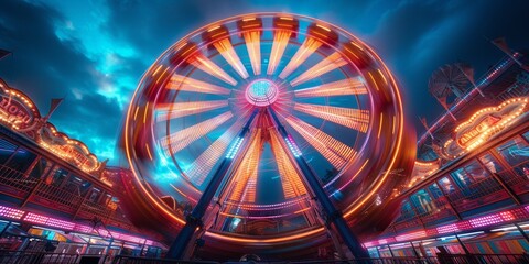 Under the night sky, the illuminated Ferris wheel brings vibrant movement and colorful excitement to the fair.