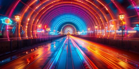 Foto op Canvas In a futuristic subway, glowing neon lights illuminate the fast-moving subway tunnels. © Iryna