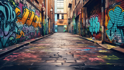 Narrow streets in the city, full of colorful painted murals and graffiti