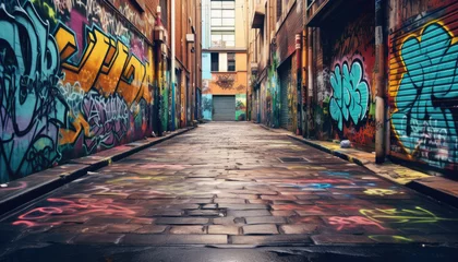 Wandcirkels plexiglas Narrow streets in the city, full of colorful painted murals and graffiti © Ruslan Gilmanshin