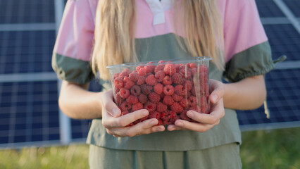 Woman holds a plastic container with fresh raspberries. The panels of the solar power plant can be...