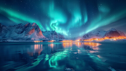 An aurora also commonly known as the northern lights or southern lights is a natural light display in Earth's sky, travel concept, colorful sky  - obrazy, fototapety, plakaty