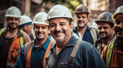 group of smiling builders in hardhats outdoors - obrazy, fototapety, plakaty