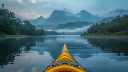 Kayaking on a serene mountain lake at dawn, mist rising off the water, distant mountains reflected in the calm lake, a sense of peace and solitude, Ph - obrazy, fototapety, plakaty