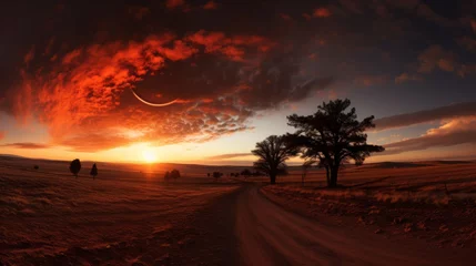 Fotobehang Wide-angle shot of a landscape under a full lunar eclipse, reddish hue on the moon, darkened surroundings, emphasizing the dramatic impact of eclipses © ProVector