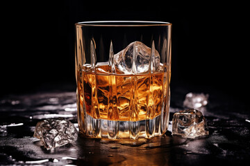 whiskey with ice on a wooden table