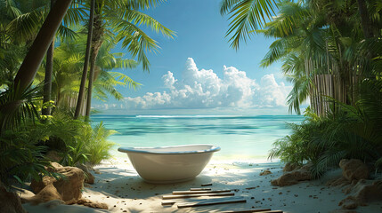 bathtub on the tropical beach and palm trees background, concept summer holiday