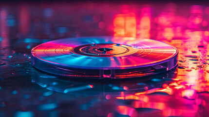 compact disc on neon background, digital optical disc data storage, discoclub  - obrazy, fototapety, plakaty