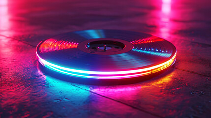 compact disc on neon background, digital optical disc data storage, save information 