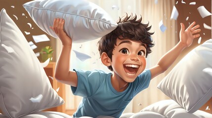 A cute boy engaging in a playful pillow fight, laughter and joy filling the air. - obrazy, fototapety, plakaty