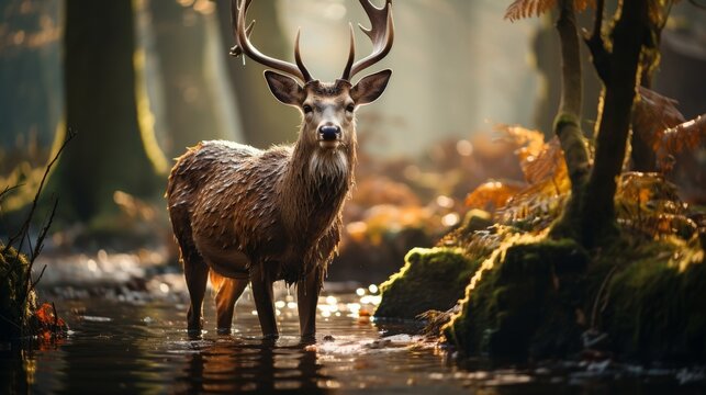 Fototapeta Majestic deer in a misty forest at dawn, soft light filtering through the trees, serene and natural wildlife scene, Photography, telephoto lens to cap