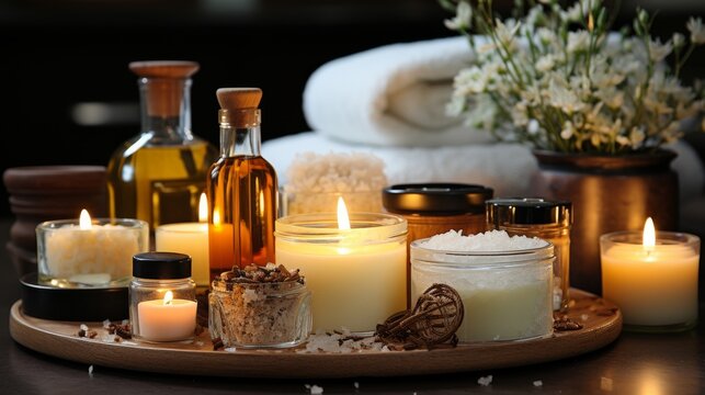 Various luxury bathroom products, including bath salts, oils, and sponges, displayed on a white background, a sense of indulgence and care, Photograph