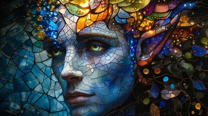 Stained glass window background with colorful Beautiful woman abstract.	
