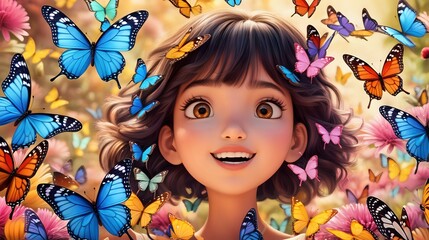 An animated character surrounded by colorful butterflies, showcasing the beauty of nature.