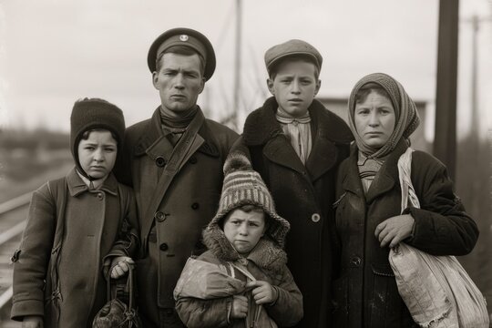 Historical photographs portraying the forced migration and displacement of Ukrainian families during the Holodomor