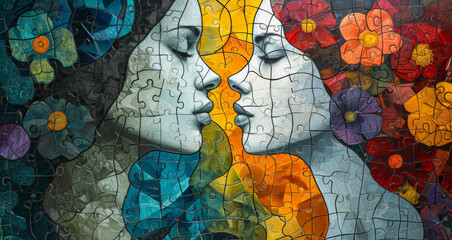 Stained glass window background with colorful Couple in love abstract.	
