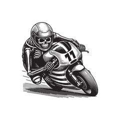 vintage retro hand drawn art style skeleton riding motorcycles vector illustration