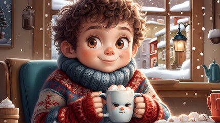 An adorable character in a cozy sweater, sipping hot cocoa with a content expression. - obrazy, fototapety, plakaty