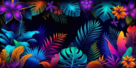 Naklejka premium Background tropical flowers and leaves in neon colors