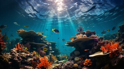 Underwater view of a coral reef exhibit in an aquarium, colorful fish and corals, clear blue water, focusing on the conservation and display of marine - obrazy, fototapety, plakaty