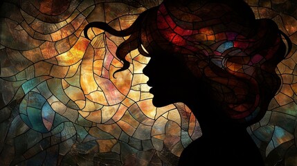 Stained glass window background with colorful Beautiful woman abstract.	
