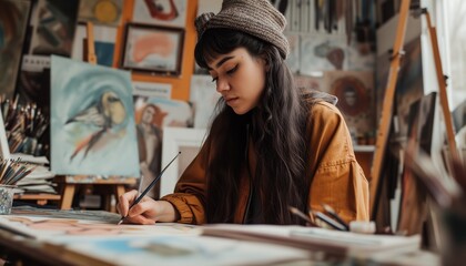 Focused Young Artist Painting in Her Studio Surrounded by Art Supplies