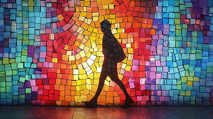 Silhouetted figures walk through a vibrant corridor of multicolored stained glass, creating a spectrum of reflections on the floor.