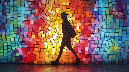 Store enrouleur tamisant sans perçage Coloré Silhouetted figures walk through a vibrant corridor of multicolored stained glass, creating a spectrum of reflections on the floor.