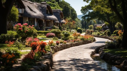Thatched-roof cottages in a lush garden setting, colorful flowers and well-tended lawns, showcasing the quaint and picturesque aspect of village life,