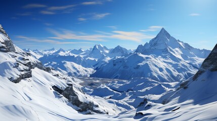Obraz premium Panoramic view of a majestic mountain range under a clear blue sky, vast valleys and peaks, capturing the grandeur and beauty of natural landscapes, P