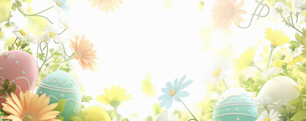 Bright Springtime Easter Eggs Amidst Daisy and Gerbera Flowers in the Air Against White backdrop