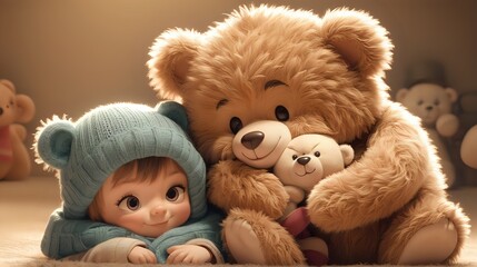 A sweet animated character sharing a warm hug with a teddy bear or a fluffy creature.