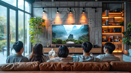Fototapeta premium Multi generation family watching TV at home, back view.Generative AI