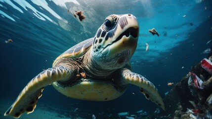 Fototapeta premium Garbage under the sea, marine animals. Focus on a large sea turtle in the mouth of a garbage can. Because think it's food.