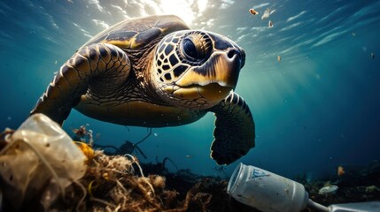 Garbage under the sea, marine animals. Focus on a large sea turtle in the mouth of a garbage can. Because think it's food.