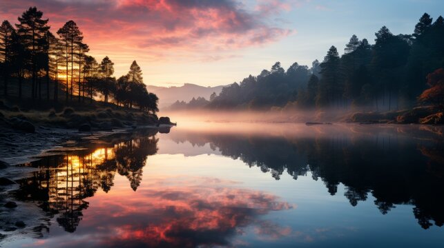 Tranquil lake at sunrise, mirror-like water reflecting the pastel sky, surrounded by forested hills, serene and peaceful, Photography, taken with a 24