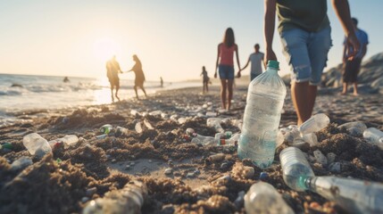 A volunteer collects plastic bottles by the sea. Conservation of ecology and garbage collection for recycling. Concept of coastal cleanup and global environmental pollution.