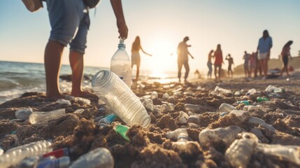 A volunteer collects plastic bottles by the sea. Conservation of ecology and garbage collection for recycling. Concept of coastal cleanup and global environmental pollution.