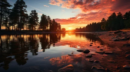 Fotobehang Sunset over a calm river, sky ablaze with oranges and reds, silhouettes of trees on the horizon, tranquil and reflective mood, Photography, long expos © ProVector