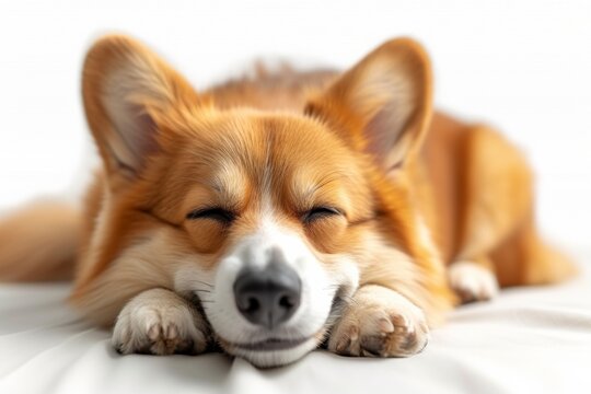 A cute and happy Corgi puppy sleeping peacefully, showcasing its adorable fluffy fur and friendly nature.