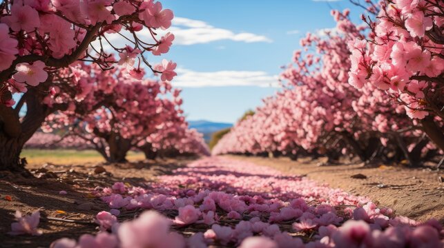 Orchard in full bloom, rows of fruit trees, serene and productive farm landscape, Photography, captured with a wide-angle lens for a sense of scale, -