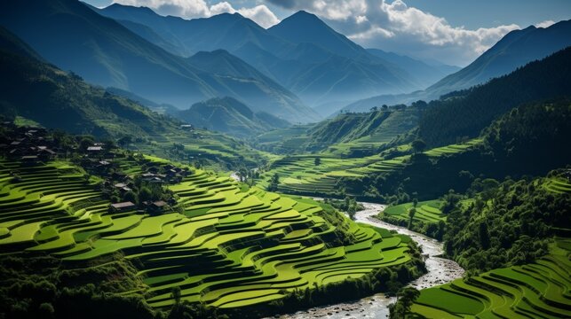 Serene landscape of a rice terrace in an exotic location, intricate patterns, lush greenery, symbolizing agricultural tradition, Photography, panorami